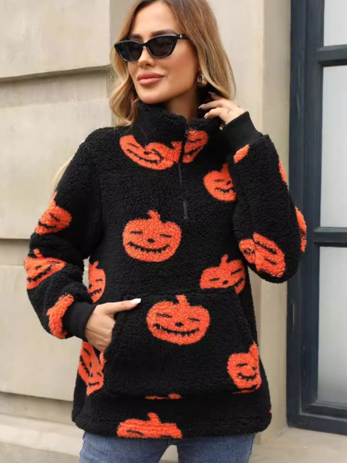 Jack-O'-Lantern Half Zip Long Sleeve Sweatshirt