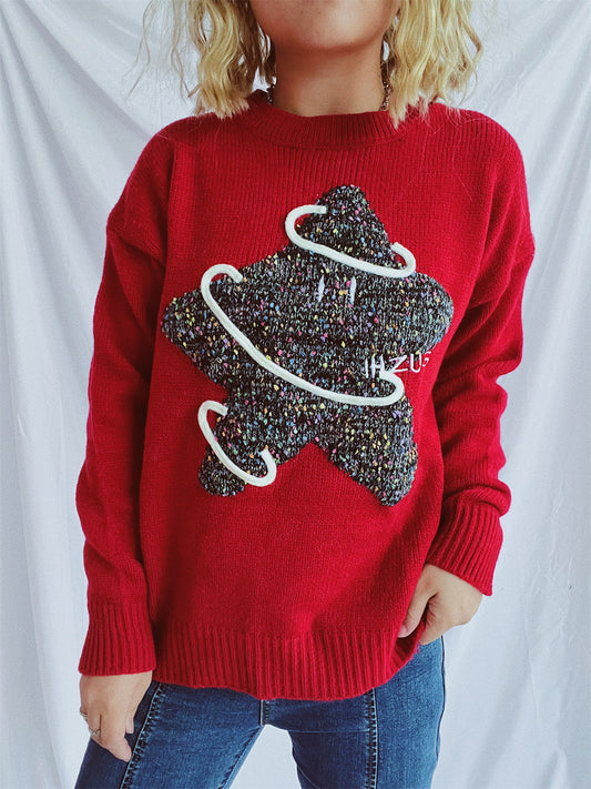 Contrast Star Round Neck Long Sleeve Sweater