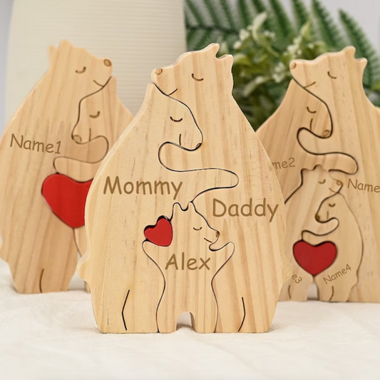 Personalized Wooden Bears Family With Hearts - Puzzle Wooden Bears Family - 2 Bear 1 Kid