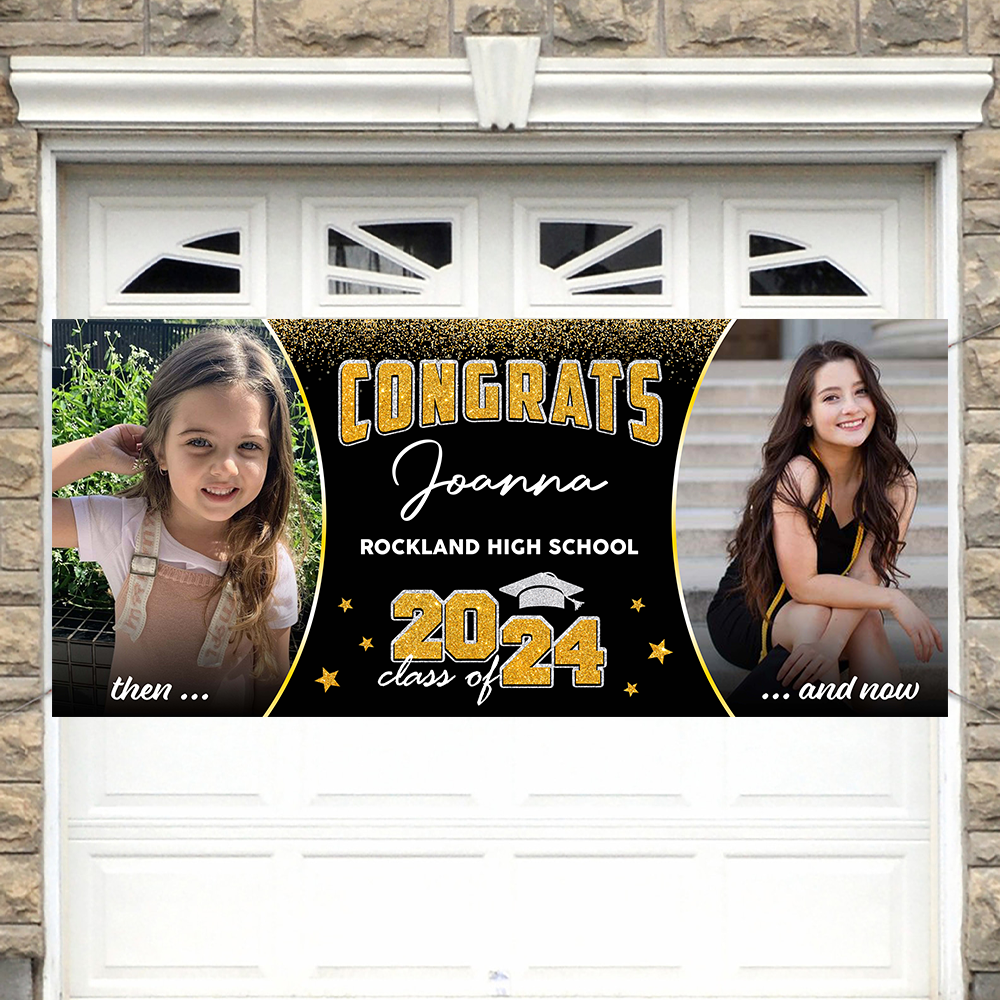 GIitter Styles Then and Now Graduation Photo 2025 - Garage Door Banner Decorations - Garage Door Cover Decor - Congratulations Background Hanging Sign