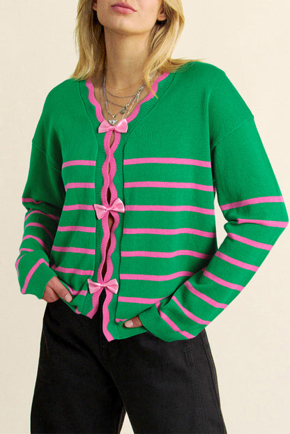 Bow Striped V-Neck Long Sleeve Cardigan