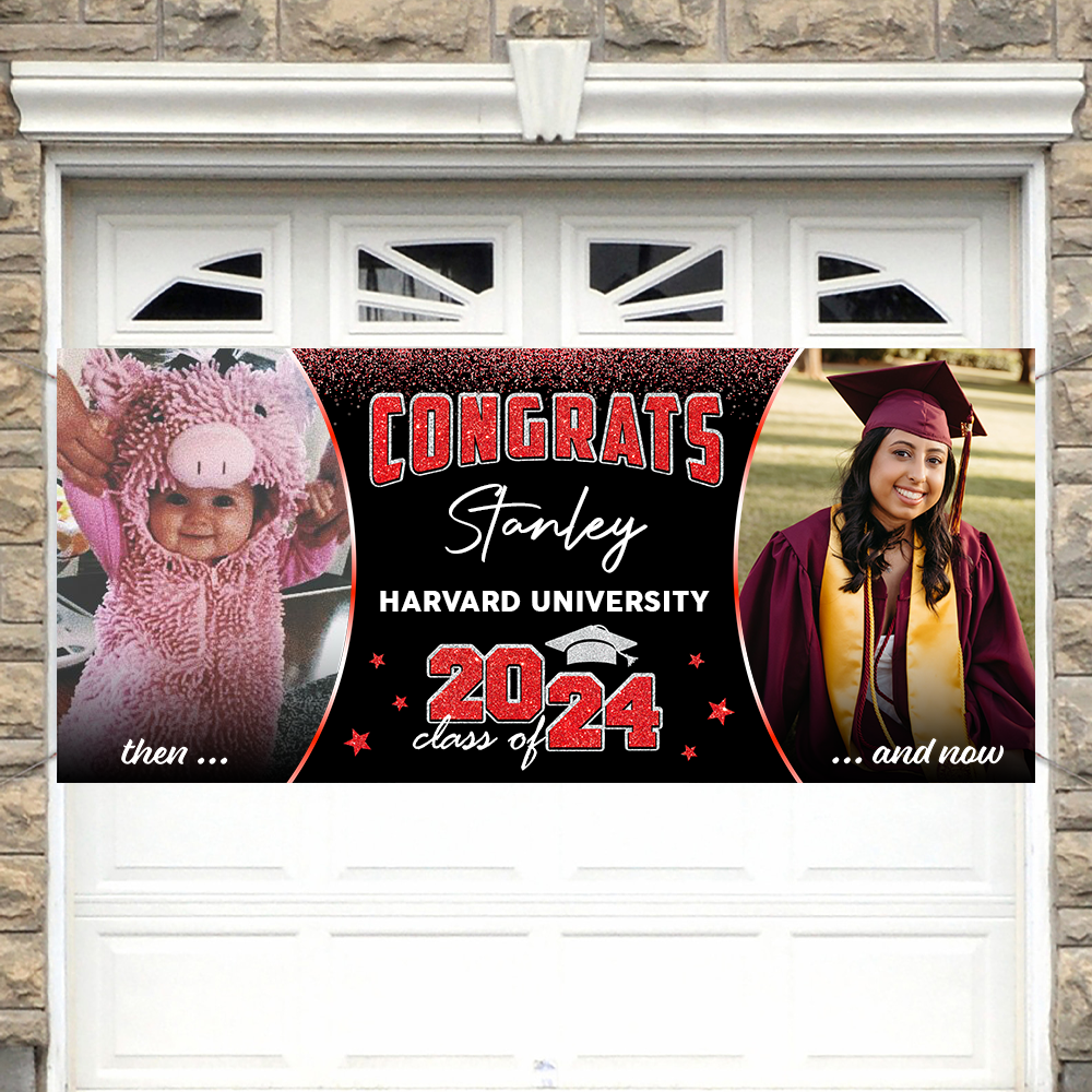 GIitter Styles Then and Now Graduation Photo 2025 - Garage Door Banner Decorations - Garage Door Cover Decor - Congratulations Background Hanging Sign