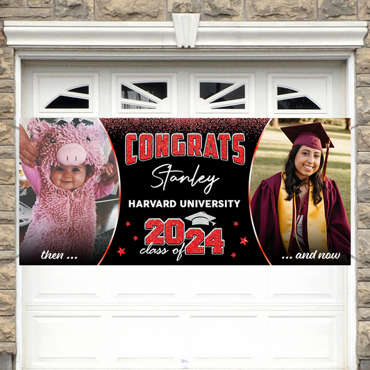 GIitter Styles Then and Now Graduation Photo 2025 - Garage Door Banner Decorations - Garage Door Cover Decor - Congratulations Background Hanging Sign