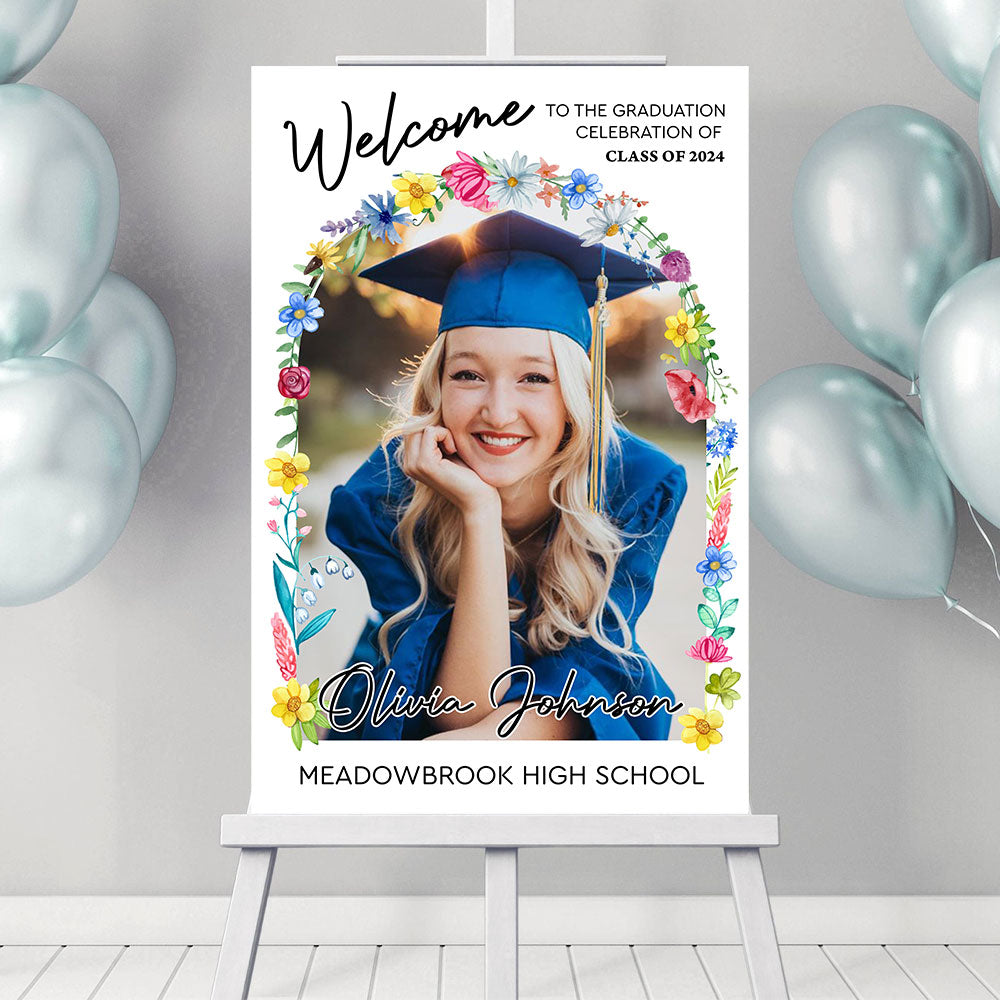 Minimalist Graduation Welcome Sign - Custom Class Of 2025 Graduation Party Welcome Sign - Wildflower Graduation Party Welcome Sign