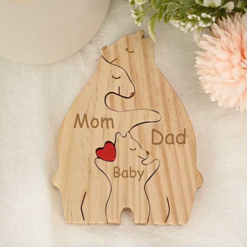 Personalized Wooden Bears Family With Hearts - Puzzle Wooden Bears Family - 2 Bear 1 Kid