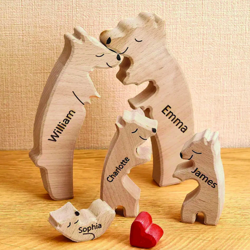 Personalized Wooden Bears Family With Hearts - 2 Bear 3 Kids