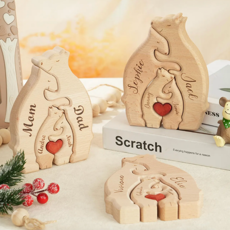 Personalized Wooden Bears Family With Hearts - 2 Bear 2 Kids