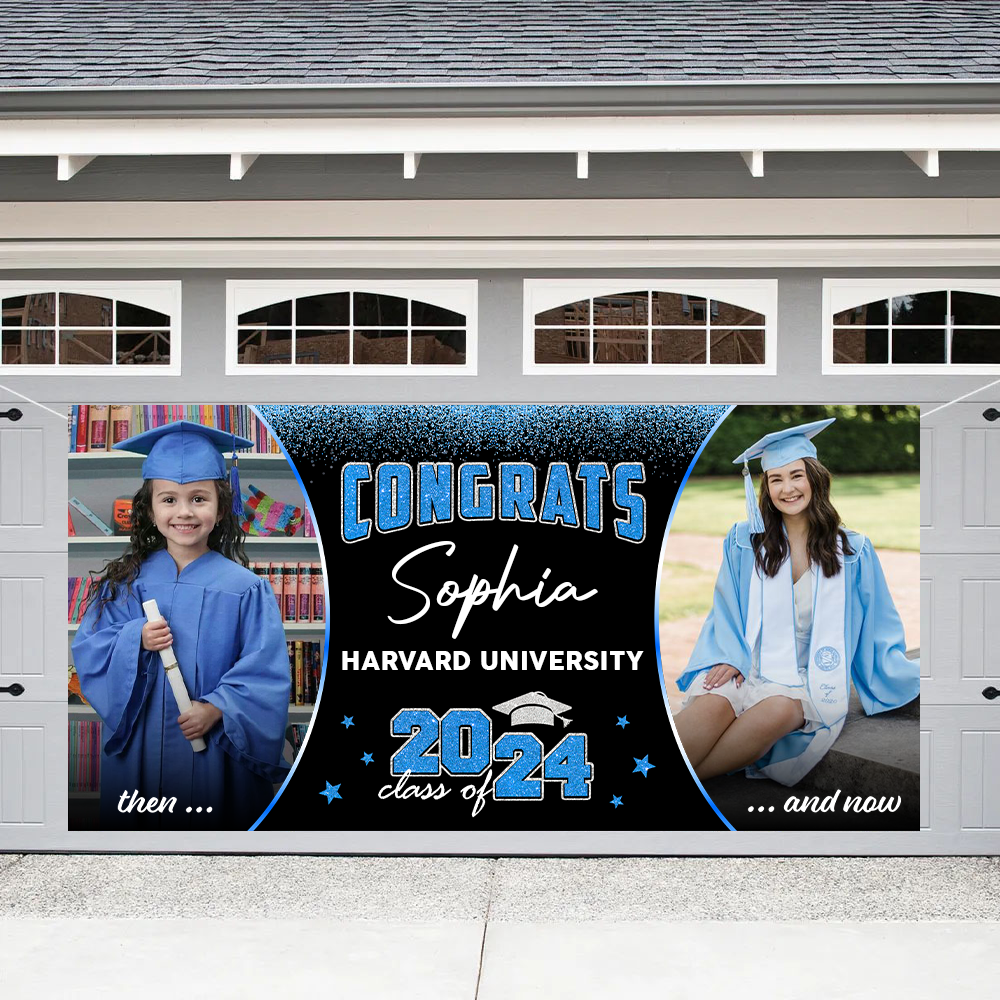 GIitter Styles Then and Now Graduation Photo 2025 - Garage Door Banner Decorations - Garage Door Cover Decor - Congratulations Background Hanging Sign