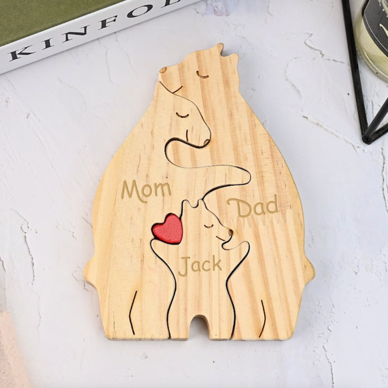 Personalized Wooden Bears Family With Hearts - Puzzle Wooden Bears Family - 2 Bear 1 Kid