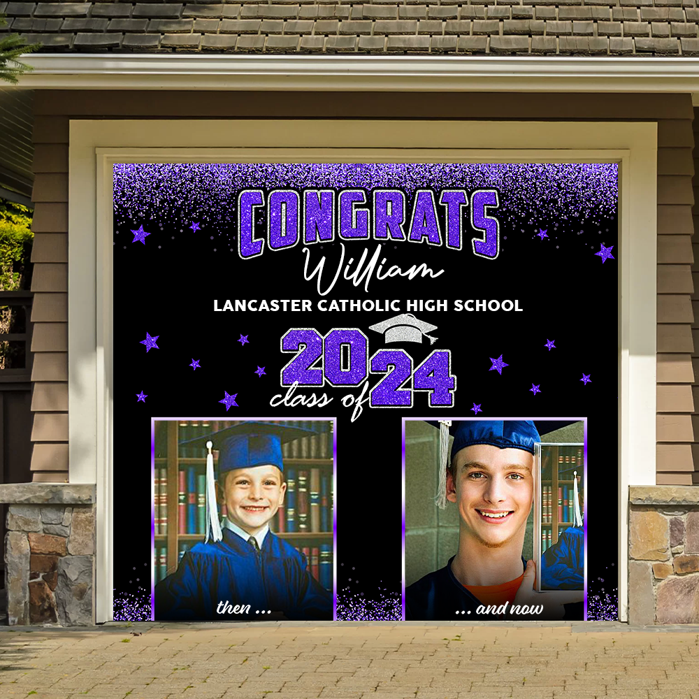 GIitter Styles Then and Now Graduation Photo 2025 - Garage Door Banner Decorations - Garage Door Cover Decor - Congratulations Background Hanging Sign