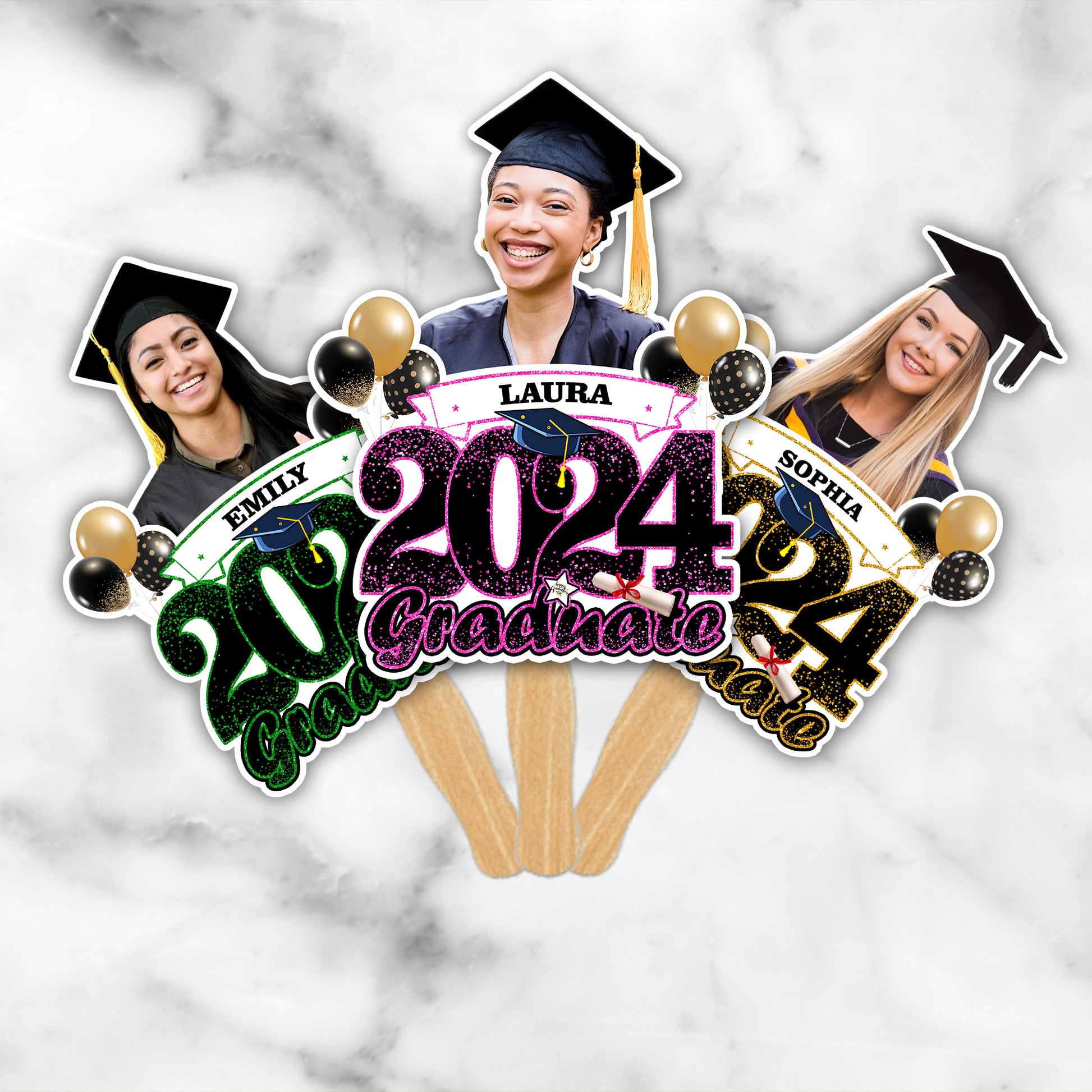 Personalized 2025 Graduate Face Fans With Wooden Handle, Gift For Graduation Party