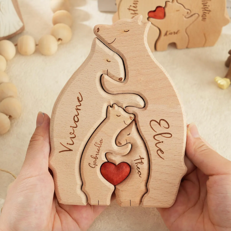 Personalized Wooden Bears Family With Hearts - 2 Bear 2 Kids