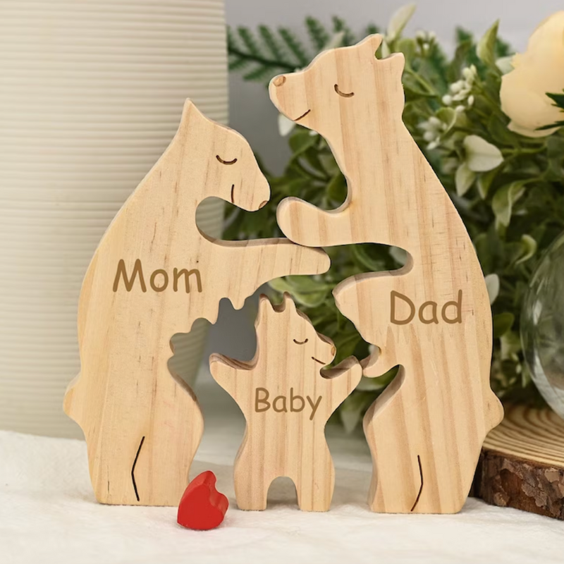 Personalized Wooden Bears Family With Hearts - Puzzle Wooden Bears Family - 2 Bear 1 Kid