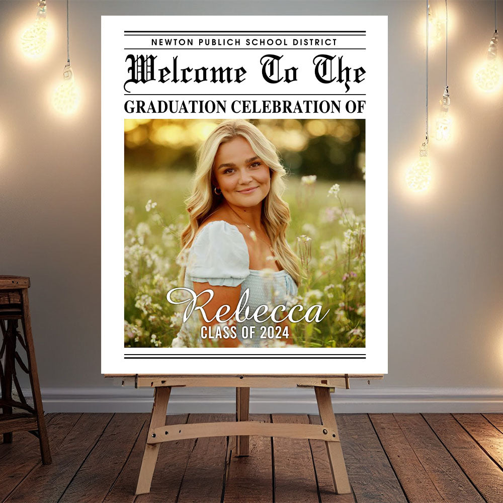 Newspaper Styles Class Of 2025 - Graduation Party Welcome Sign - Custom Photo Grad Party Sign - Personalized Graduation Decoration