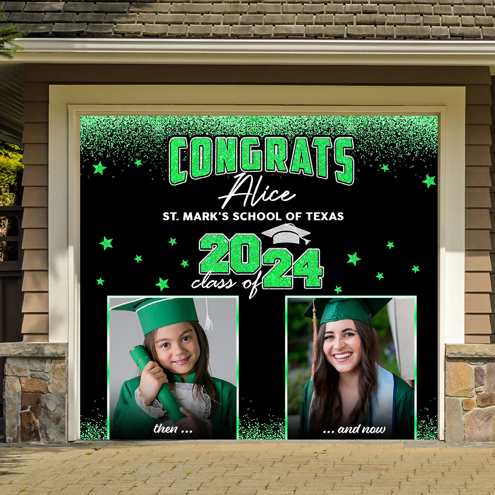 GIitter Styles Then and Now Graduation Photo 2025 - Garage Door Banner Decorations - Garage Door Cover Decor - Congratulations Background Hanging Sign