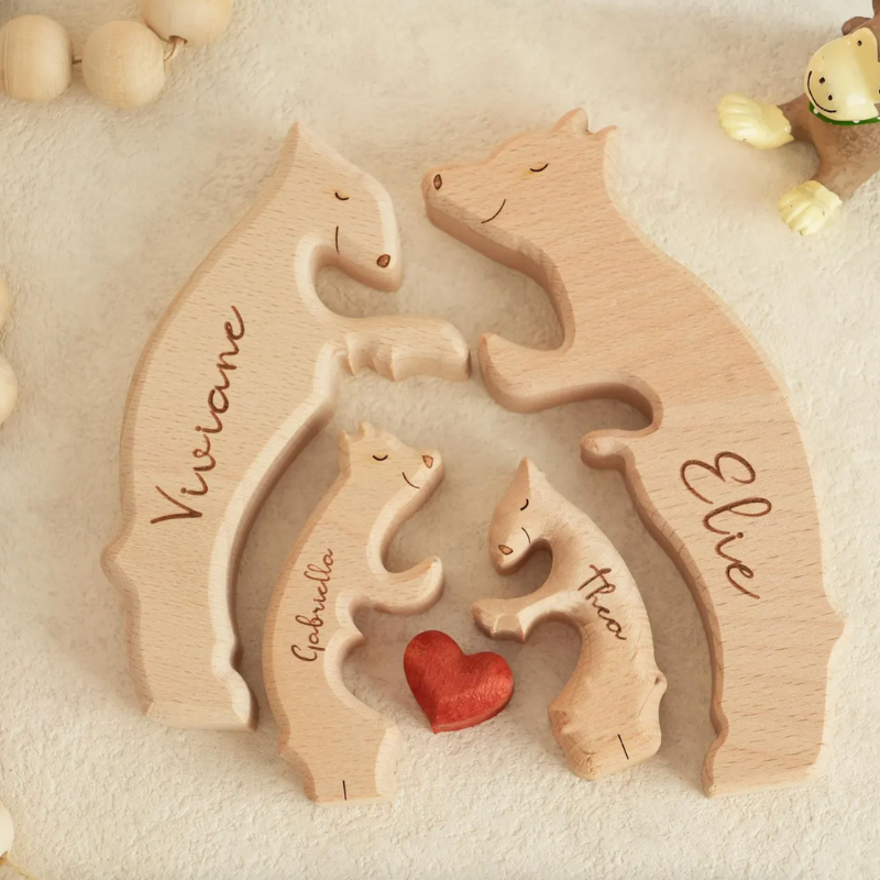 Personalized Wooden Bears Family With Hearts - 2 Bear 2 Kids