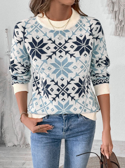 Perfee Graphic Round Neck Long Sleeve Sweater