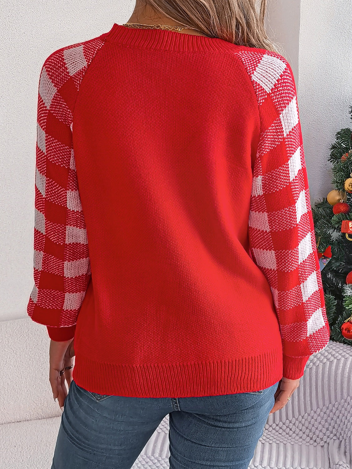 Reindeer Plaid Round Neck Long Sleeve Sweater