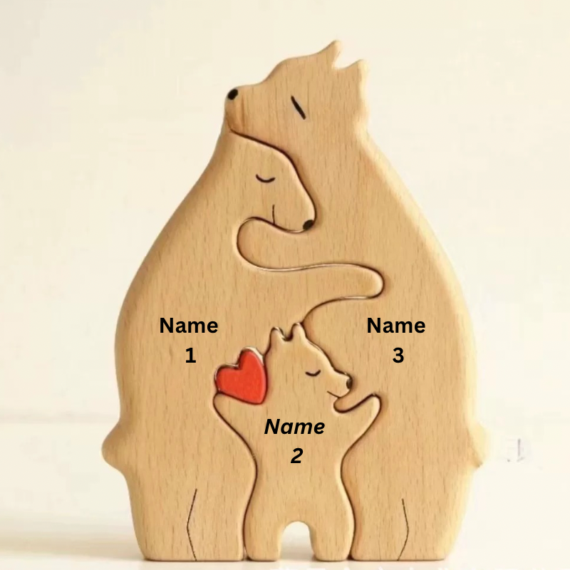 Personalized Wooden Bears Family With Hearts - Puzzle Wooden Bears Family - 2 Bear 1 Kid