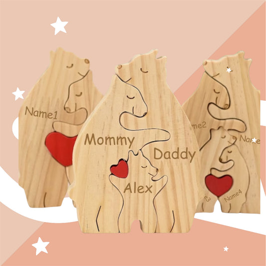 Personalized Wooden Bears Family With Hearts - Puzzle Wooden Bears Family - 2 Bear 1 Kid