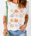 Pumpkin & Flower Round Neck Short Sleeve T-Shirt