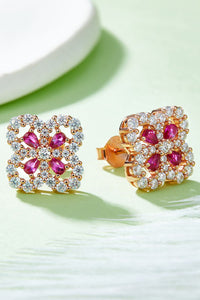 925 Sterling Silver Lab-Grown Ruby Flower Shape Stud Earrings