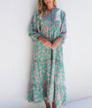 Smocked Printed Tie Neck Long Sleeve Dress