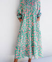 Smocked Printed Tie Neck Long Sleeve Dress