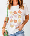 Pumpkin & Flower Round Neck Short Sleeve T-Shirt