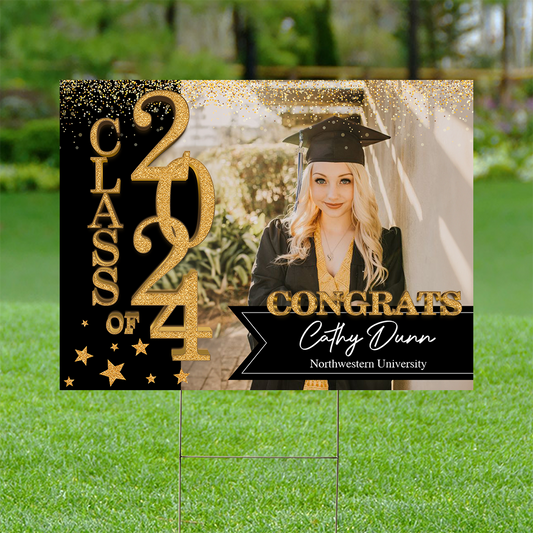 School Name Gold Class Of 2025, Graduation Gift - Personalized Graduation Lawn Sign With Stake