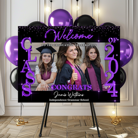 Glitter Style Congrats Graduation Class Of 2025 - Graduation Party Welcome Sign - Custom Photo Grad Party Sign - Canvas Personalized Graduation Decoration