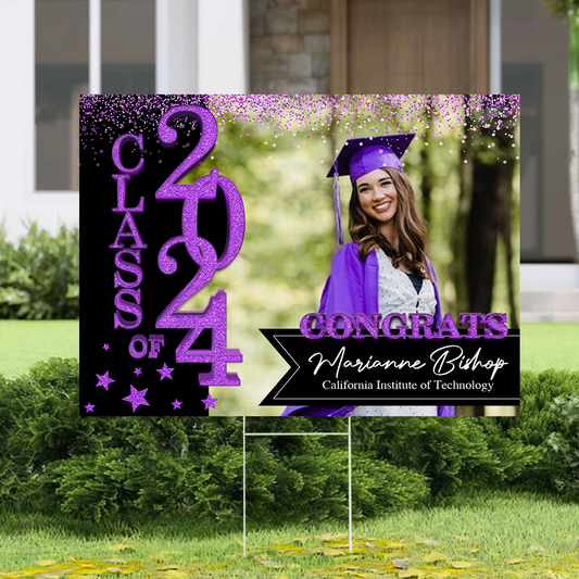 School Name Gold Class Of 2025, Graduation Gift - Personalized Graduation Lawn Sign With Stake