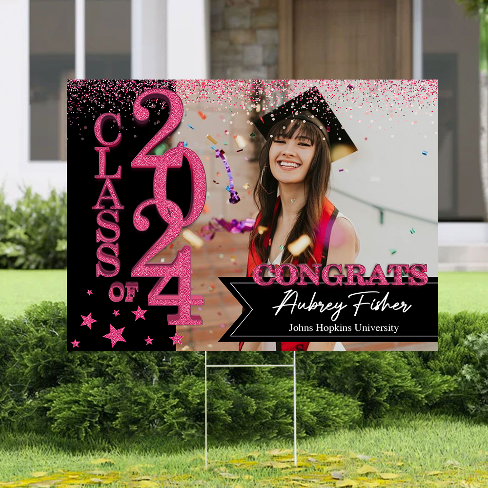 School Name Gold Class Of 2025, Graduation Gift - Personalized Graduation Lawn Sign With Stake