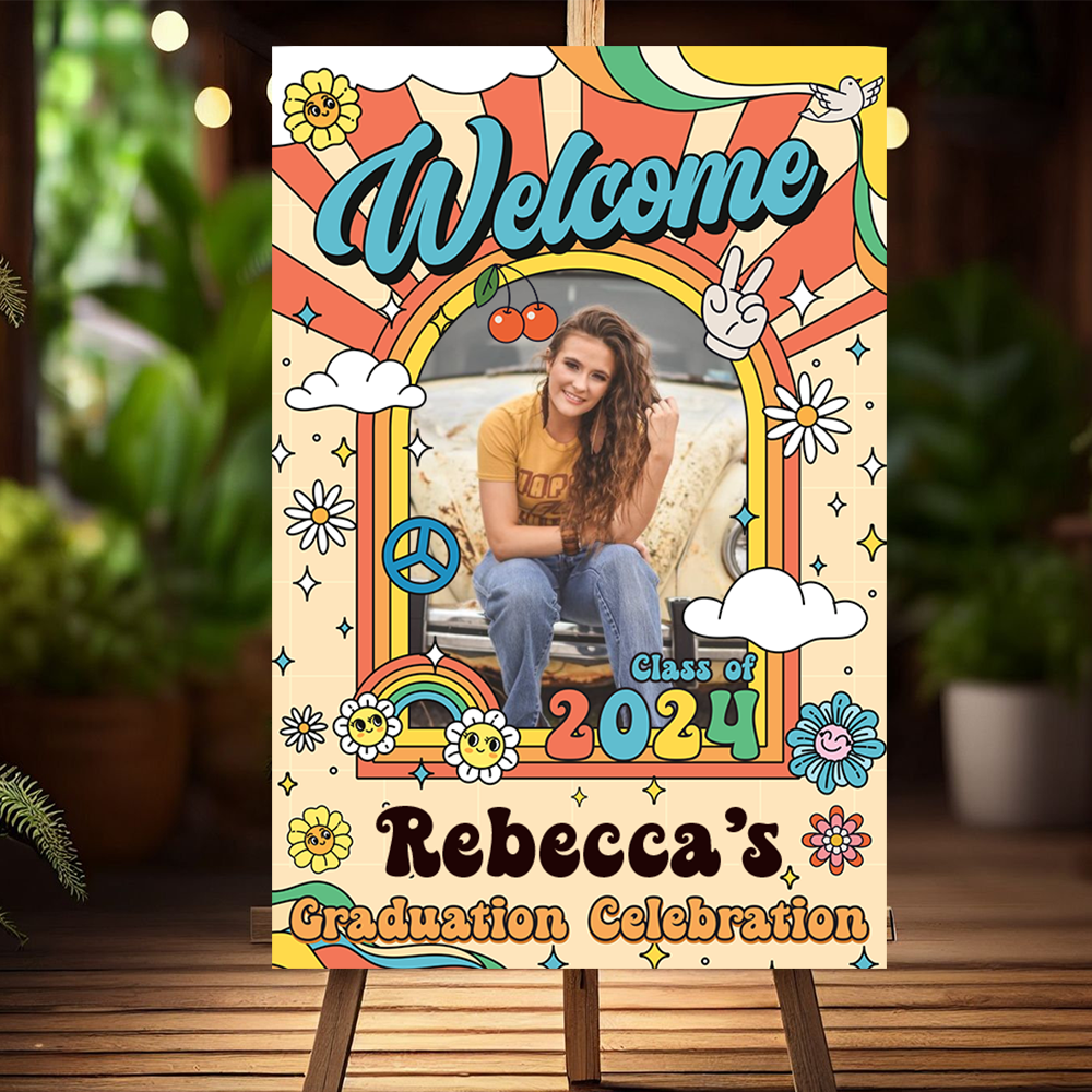 Retro Class Of 2025 - Graduation Party Welcome Sign - Custom Photo Grad Party Sign - Personalized Graduation Decoration